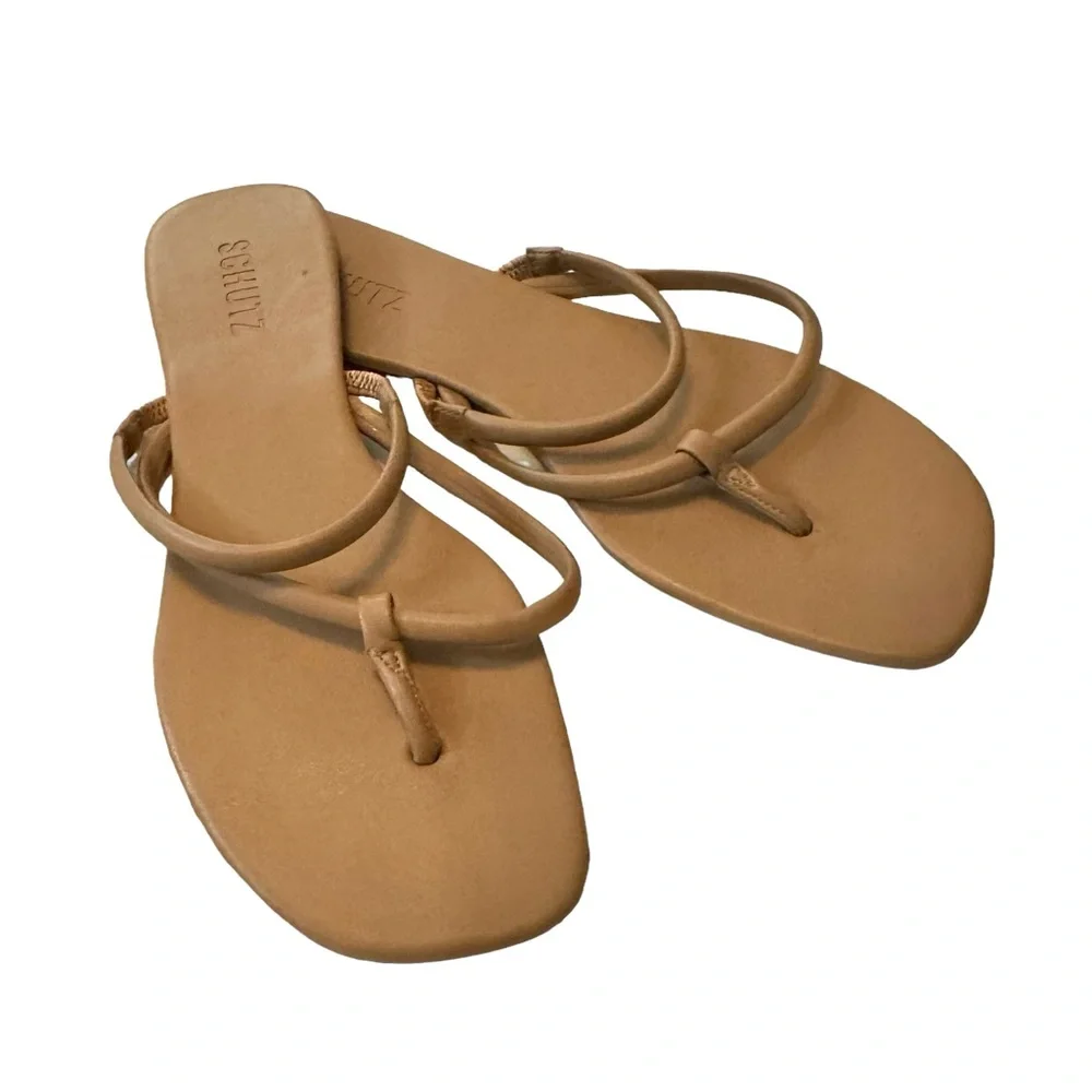 Schutz Double Strap Tan Leather Sandals - Picture 1 of 4